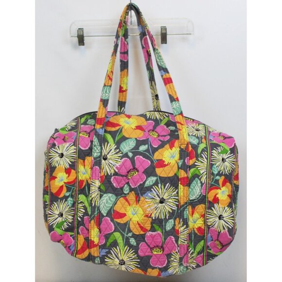 Vera Bradley Grey Jazzy Bloom Floral Large Duffle Bag Baby Orange Travel Quilted - Picture 1 of 10